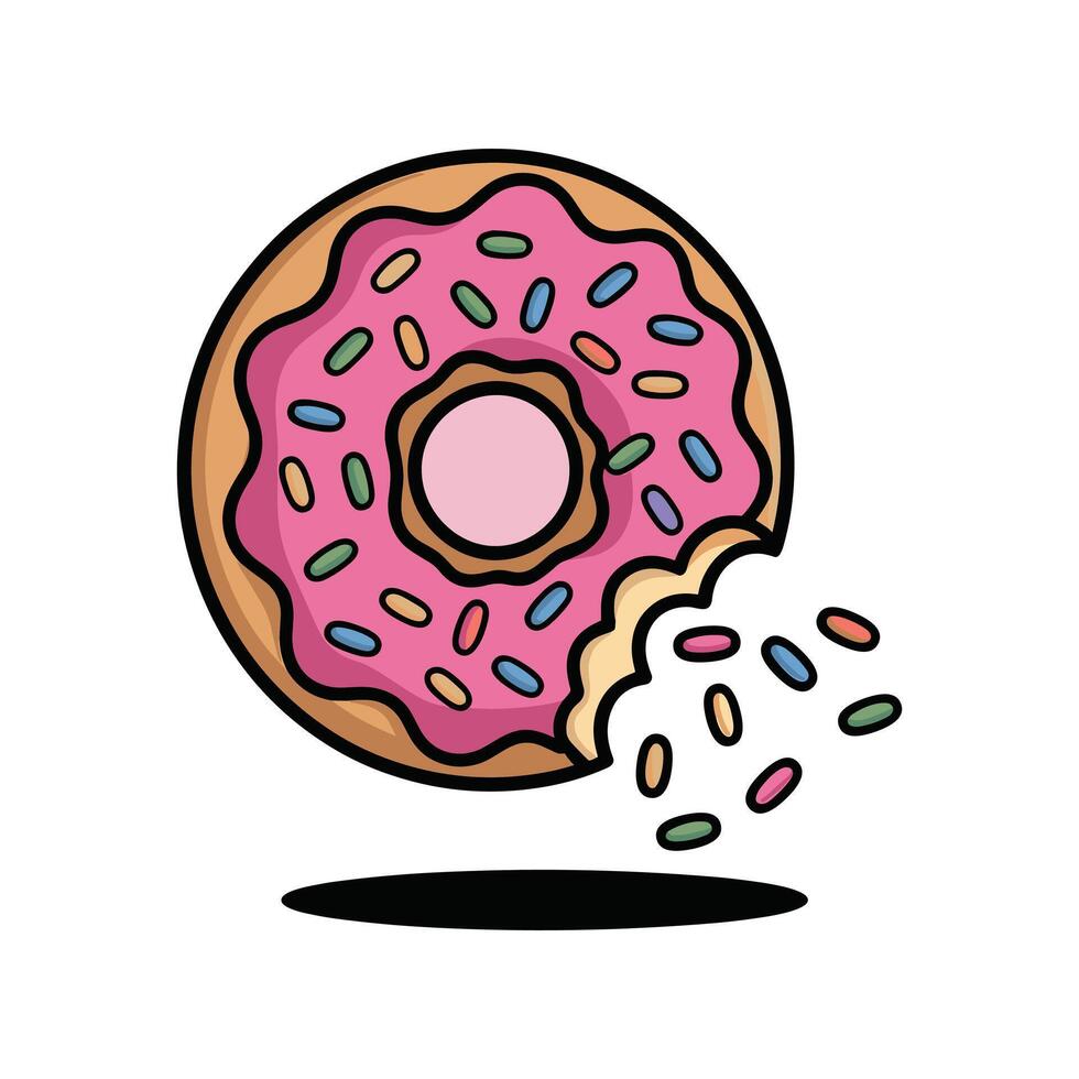 Bitten Pink Donut with Sprinkles Fun Cartoon Dessert Illustration vector