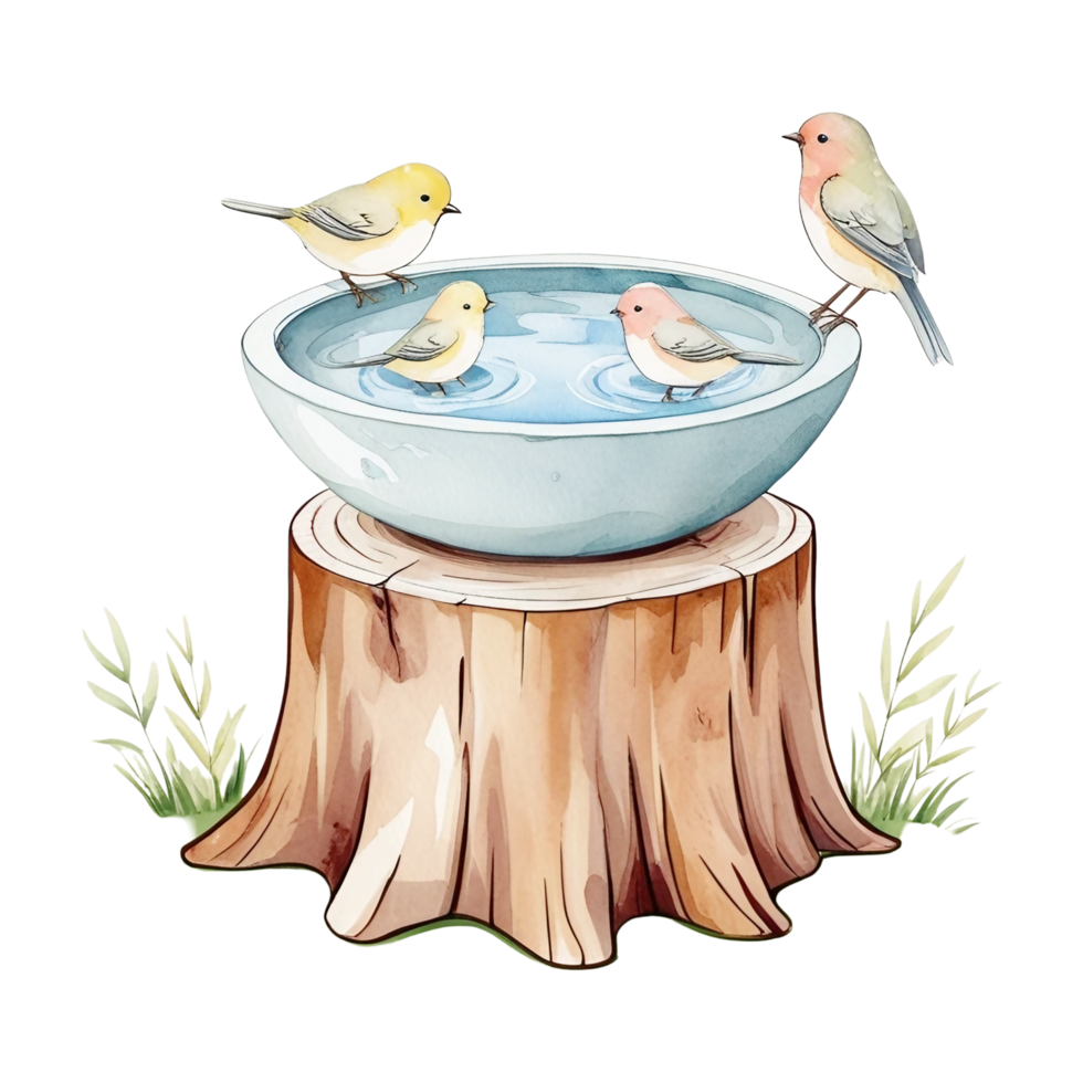 Birdbath on Stump with Birds Watercolor Clipart png