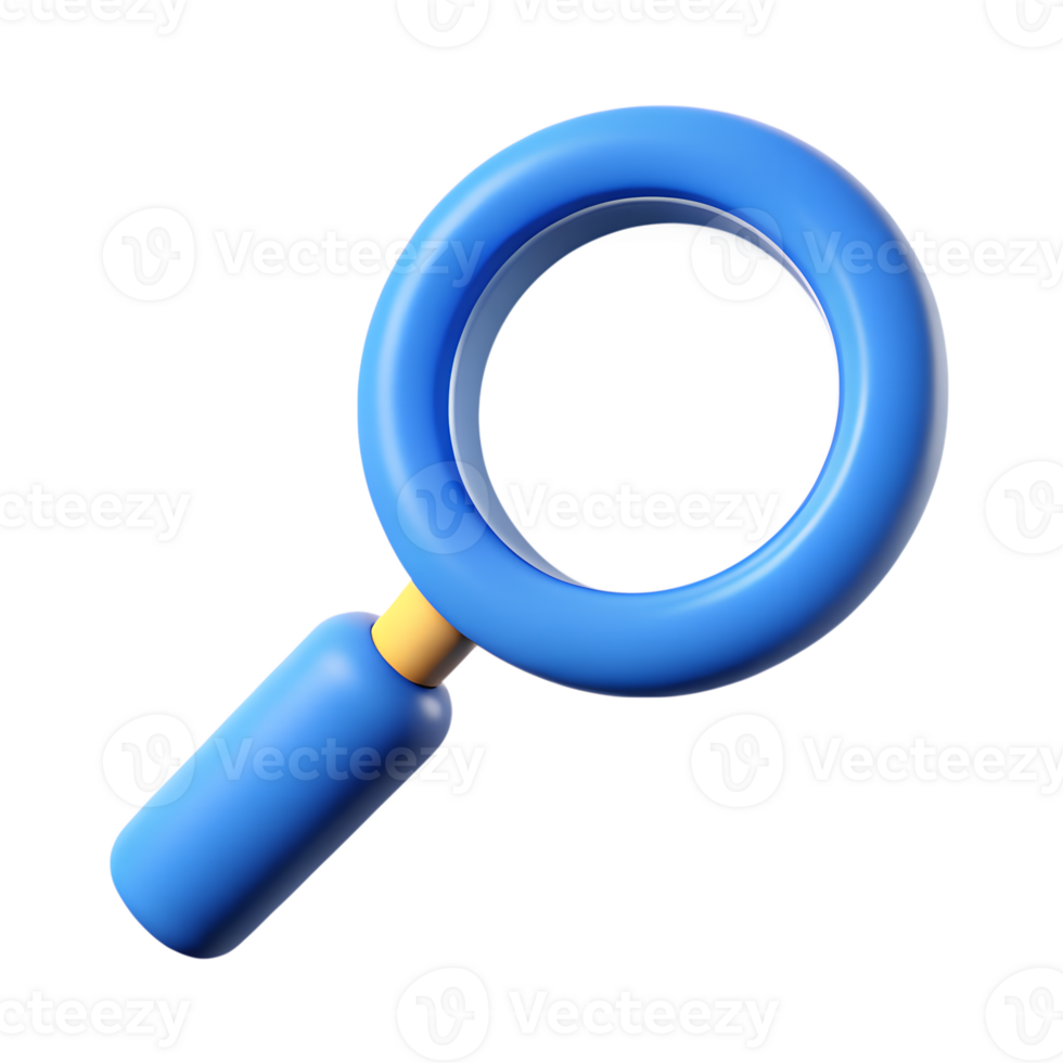 Blue 3D Cartoon Magnifying Glass with Yellow Connector on Transparent Background png