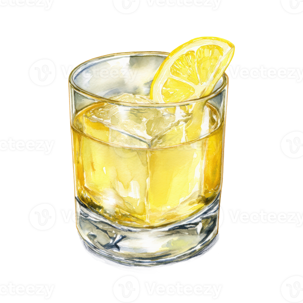 A glass of whiskey with a lemon slice png
