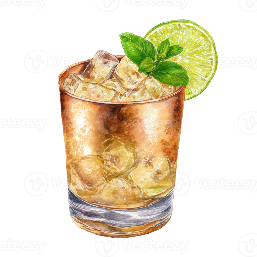 A glass of whiskey with lime and mint png