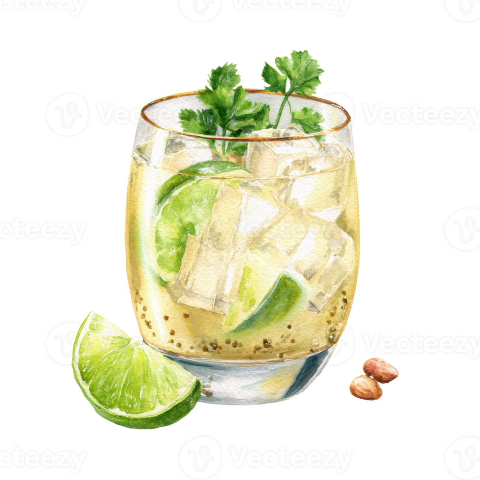 A glass of lemonade with lime slices and a slice of ginger png