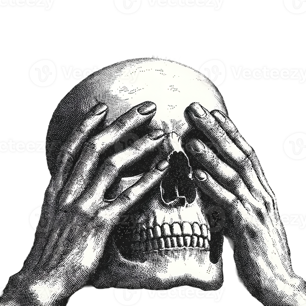 A skull with hands covering its face png