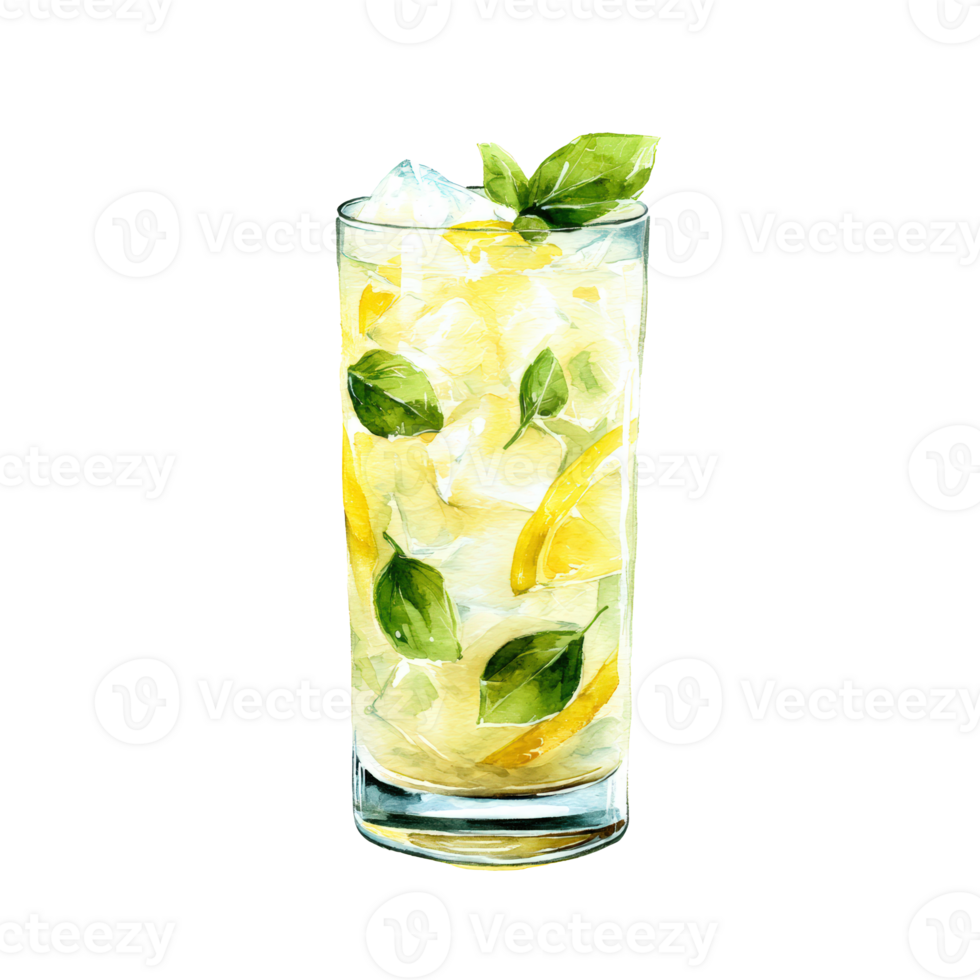 A lemonade drink with ice and lemon slices png