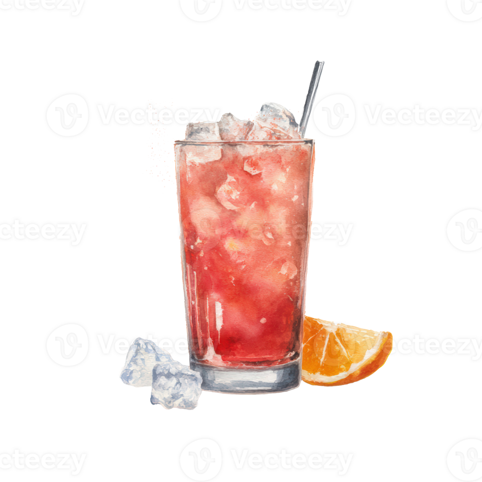A glass of red drink with ice and an orange slice png
