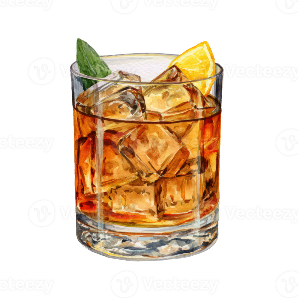 A glass of whiskey with ice and lemon png