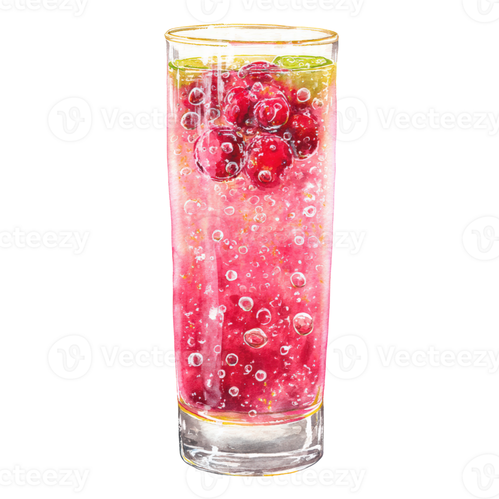 A glass of pink drink with bubbles and berries png