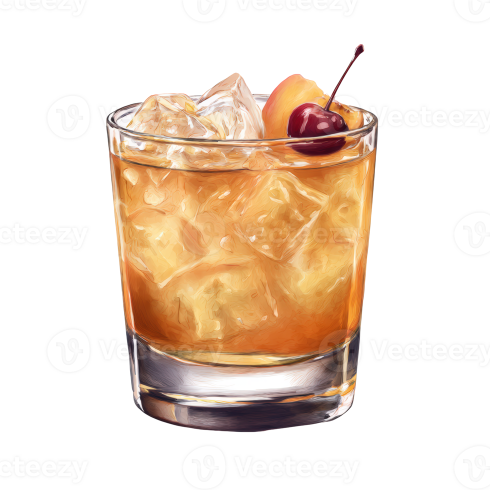 An old fashioned cocktail with ice and cherry png
