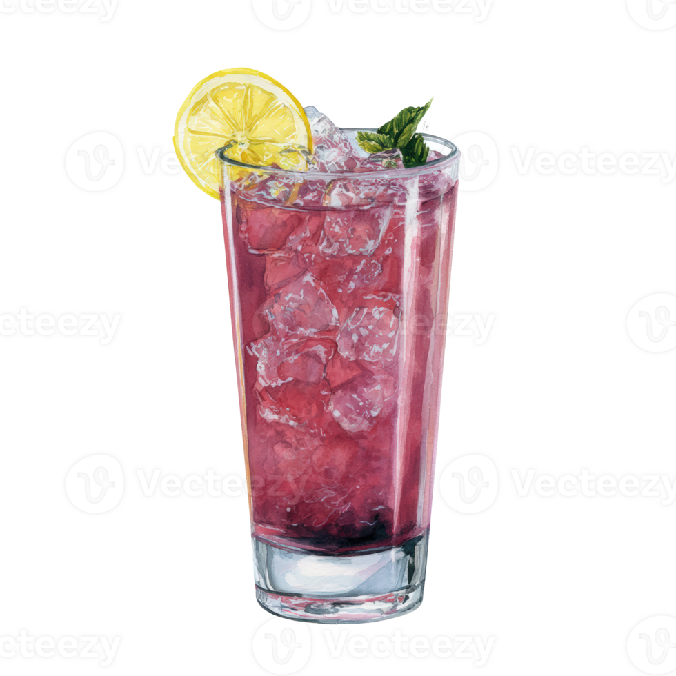 A glass of purple drink with a lemon wedge png