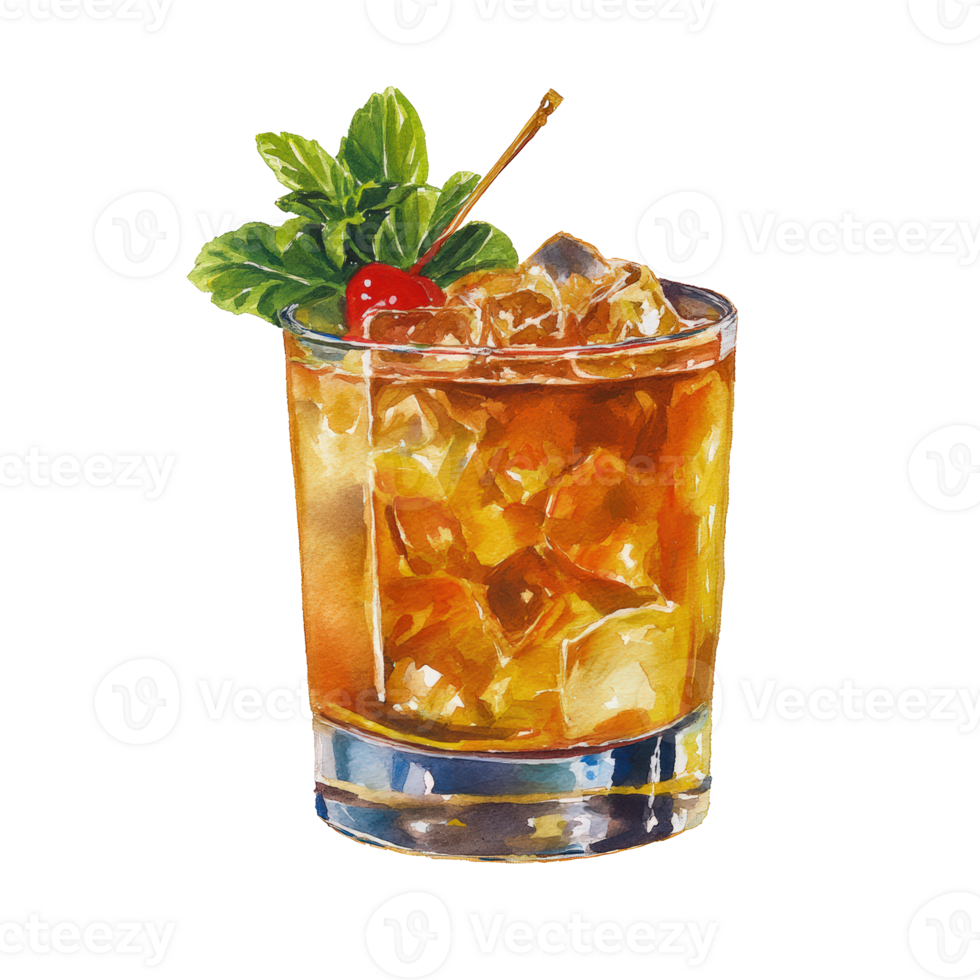 A glass of whiskey with ice and a cherry png