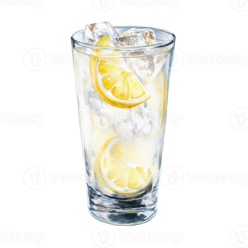 A glass of lemonade with ice and lemon slices png