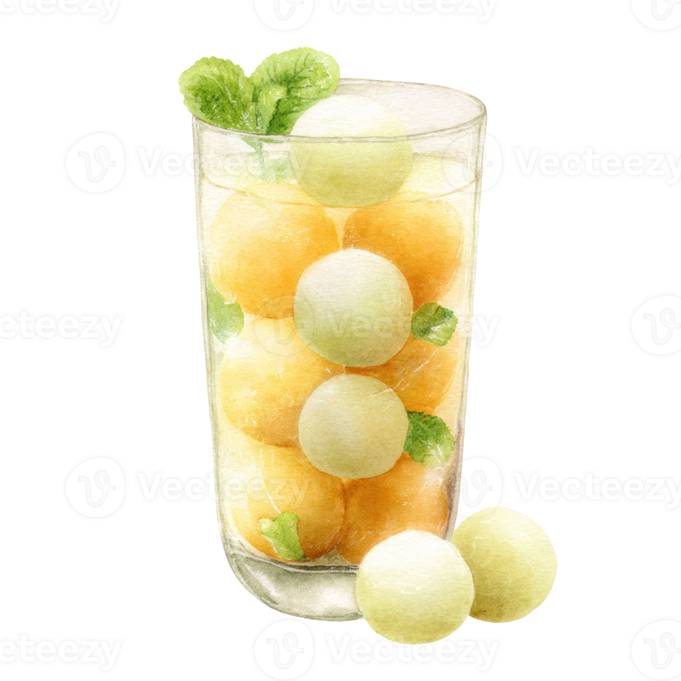 A glass filled with watermelon balls and mint leaves png