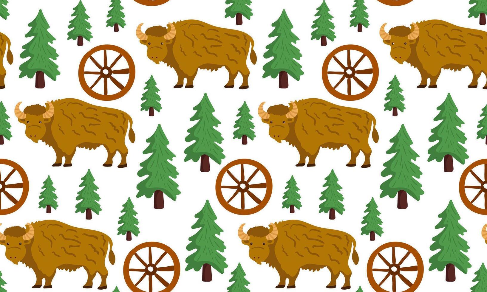 a playful seamless pattern on white featuring brown cartoon bison, green evergreen trees, and rustic wagon wheels vector