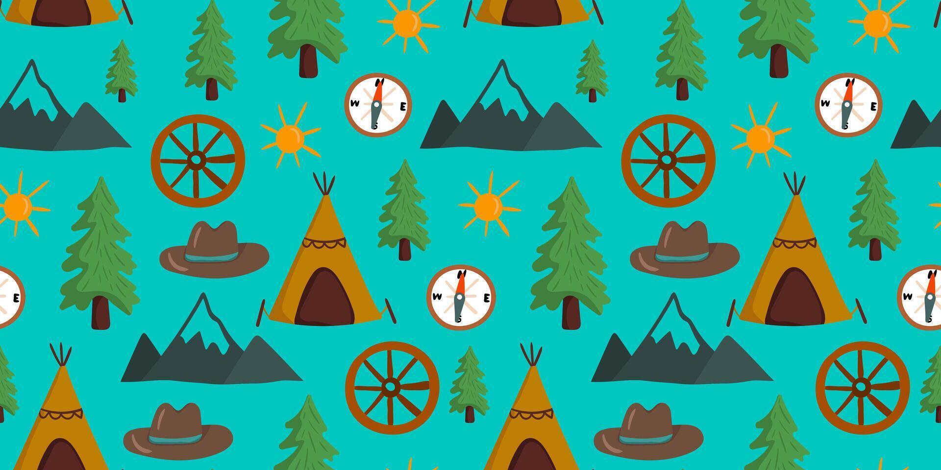 charming seamless pattern pioneer day featuring mountains, evergreen trees, tipis, cowboy hats, wagon wheels compasses on blue background father's day vector
