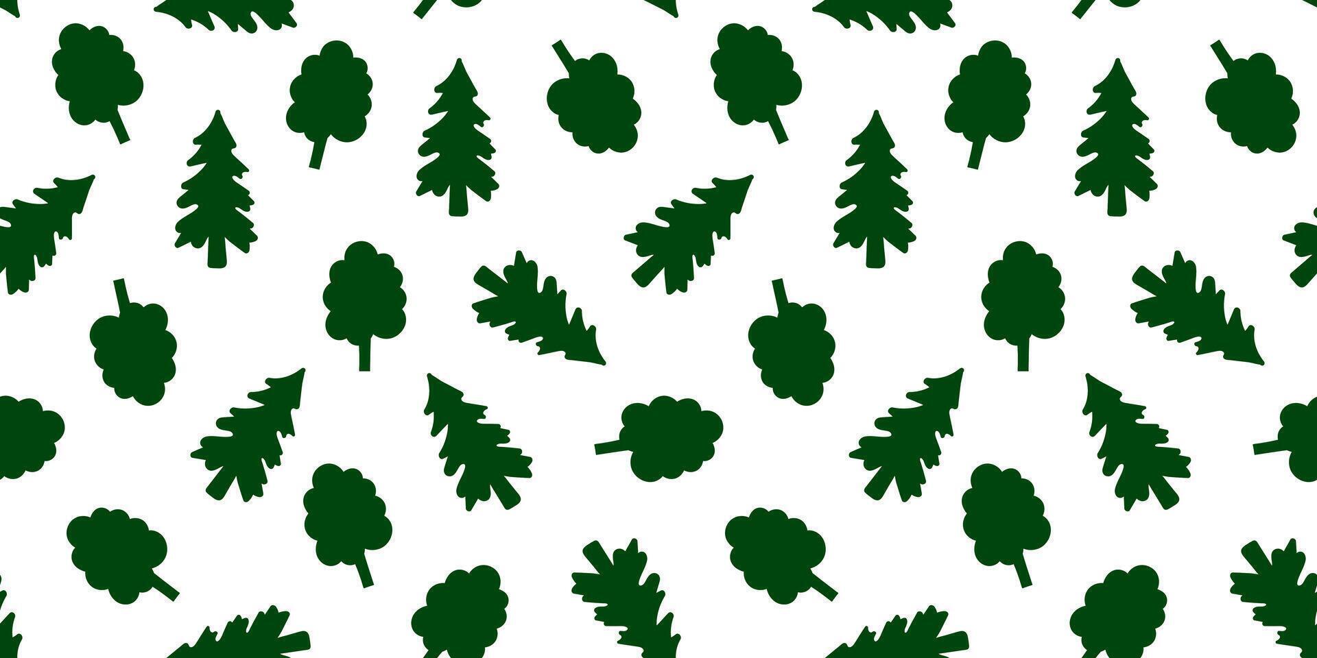 minimal seamless pattern with green forest tree silhouettes on white background pine and deciduous flat trees for wrapping, packaging, eco design vector