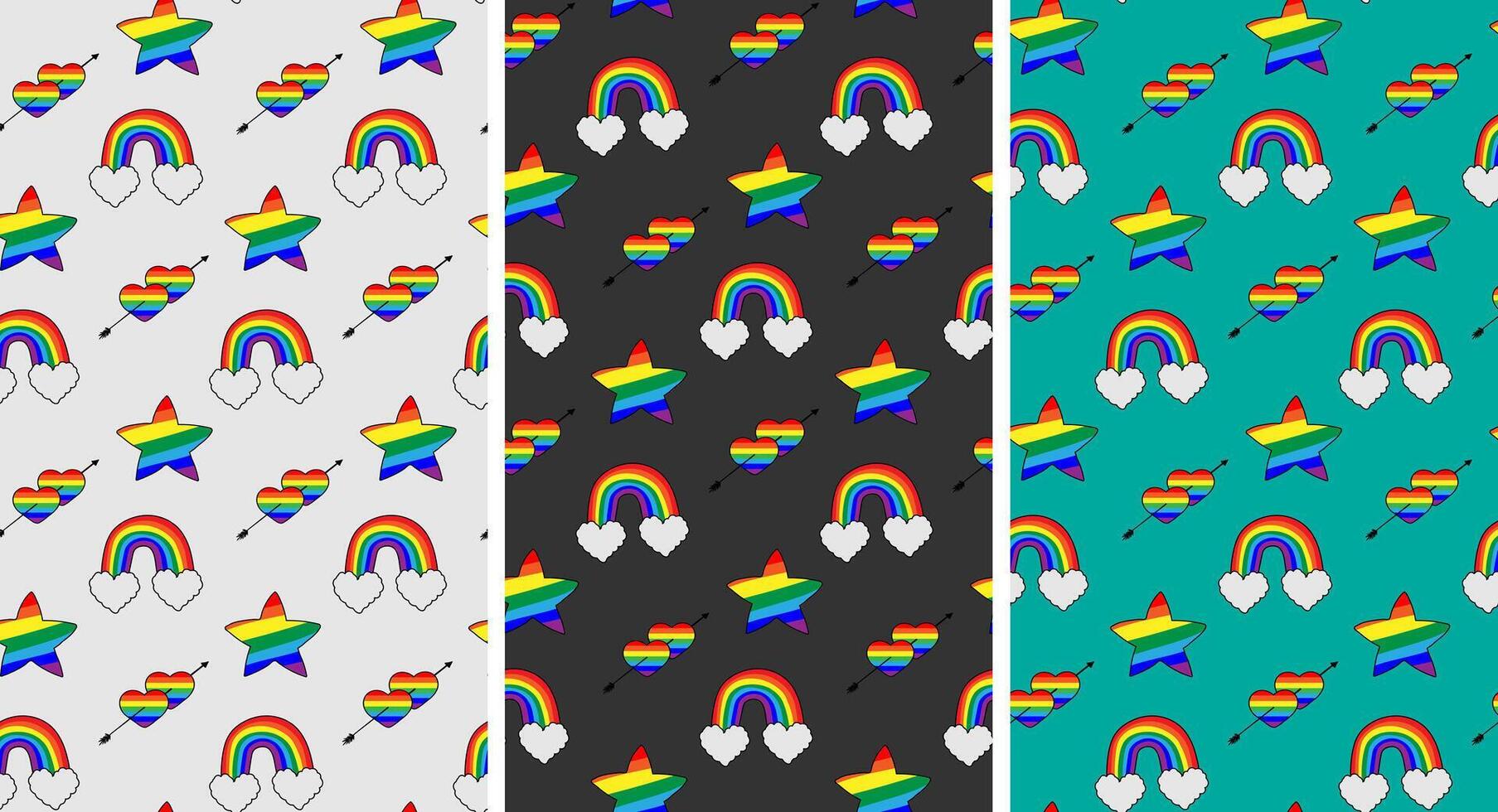 lgbtq pride rainbow, star, and heart seamless pattern set for pride month, equality, diversity, and love, vibrant social justice print vector