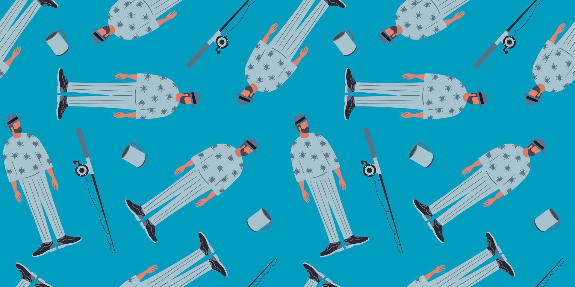 Father's Day seamless pattern retro fishermen, rods and mugs on blue background gift wrap, dad textile, fishing art vector