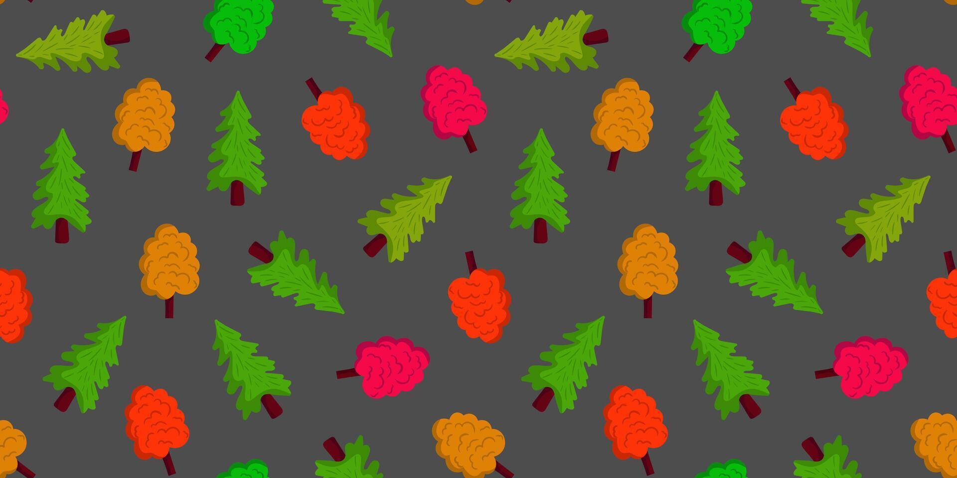 seamless pattern with colorful autumn and evergreen trees on grey background forest seasonal illustration for fall design, textile and wrapping vector