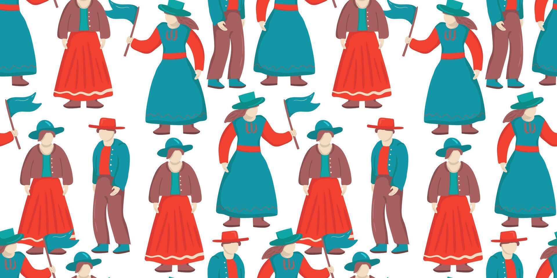 delightful seamless pattern showcasing diverse pioneer day characters in traditional costumes on a pristine white background vector