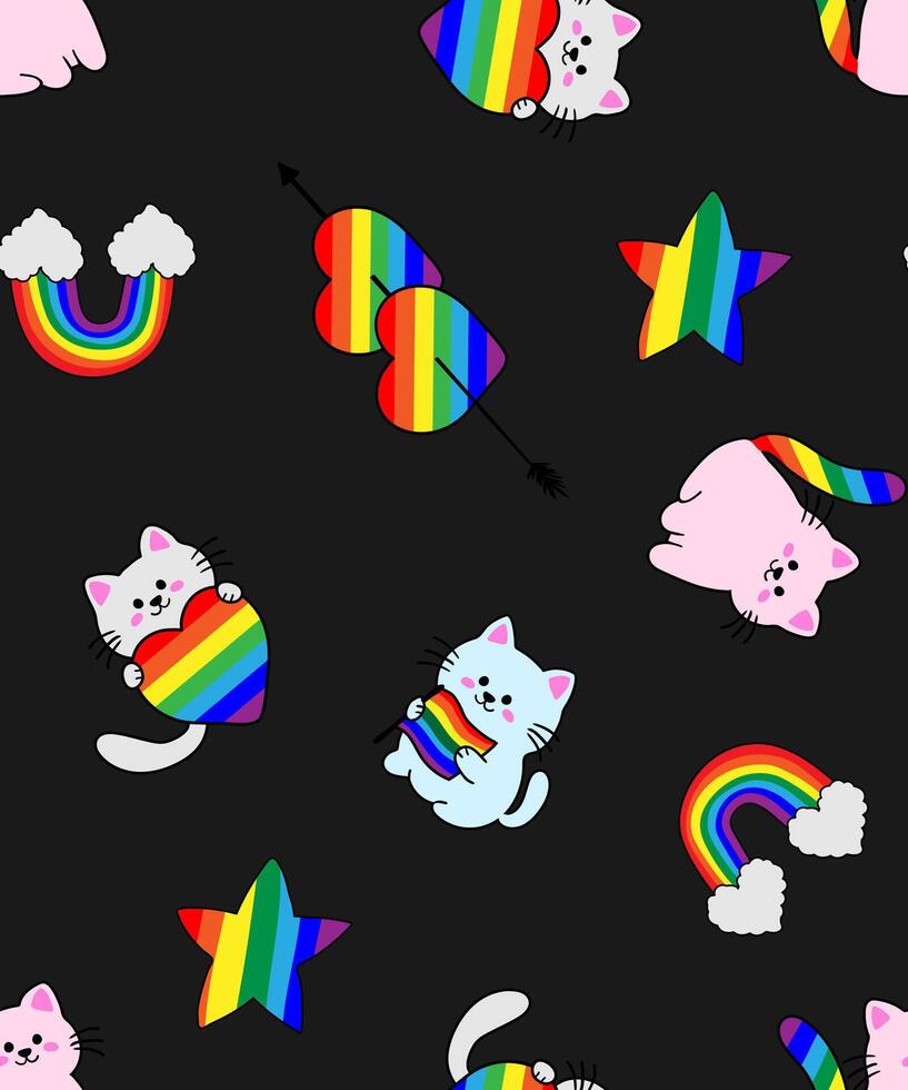kawaii rainbow cats, hearts, stars, clouds seamless pattern black background, cute pride illustration fabric lgbt lgbtq decor vector