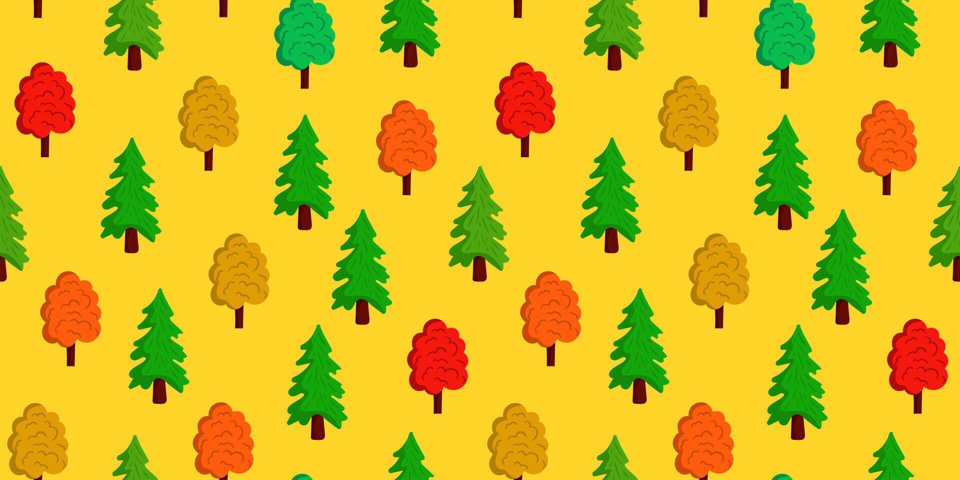 seamless autumn forest pattern with colorful cartoon trees on yellow background cute fall foliage nature design, seasonal woodland illustration vector