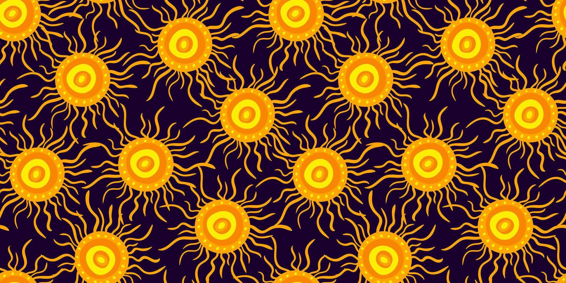 vibrant sun seamless pattern with abstract yellow orange solar shapes on dark purple background summer boho style for textile, decor, and web vector