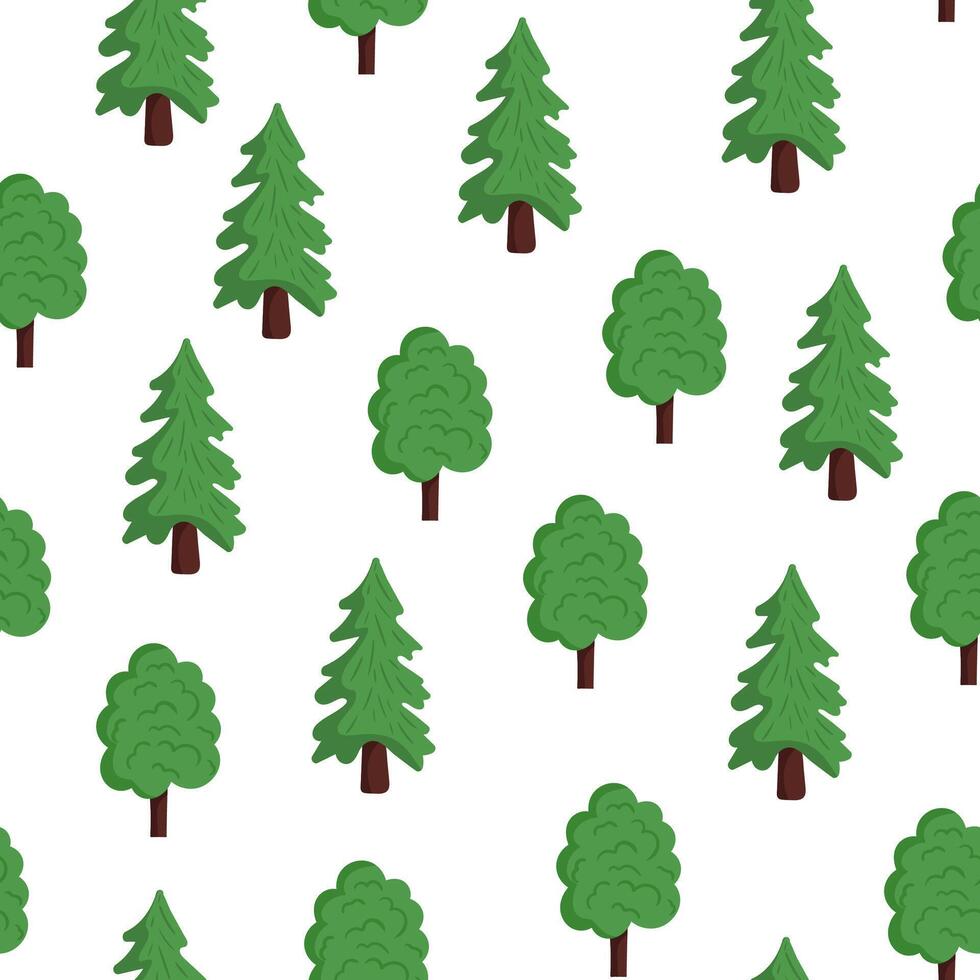 seamless forest tree pattern with cartoon pine and leafy trees on white background nature kids design, eco wallpaper, woodland illustration vector