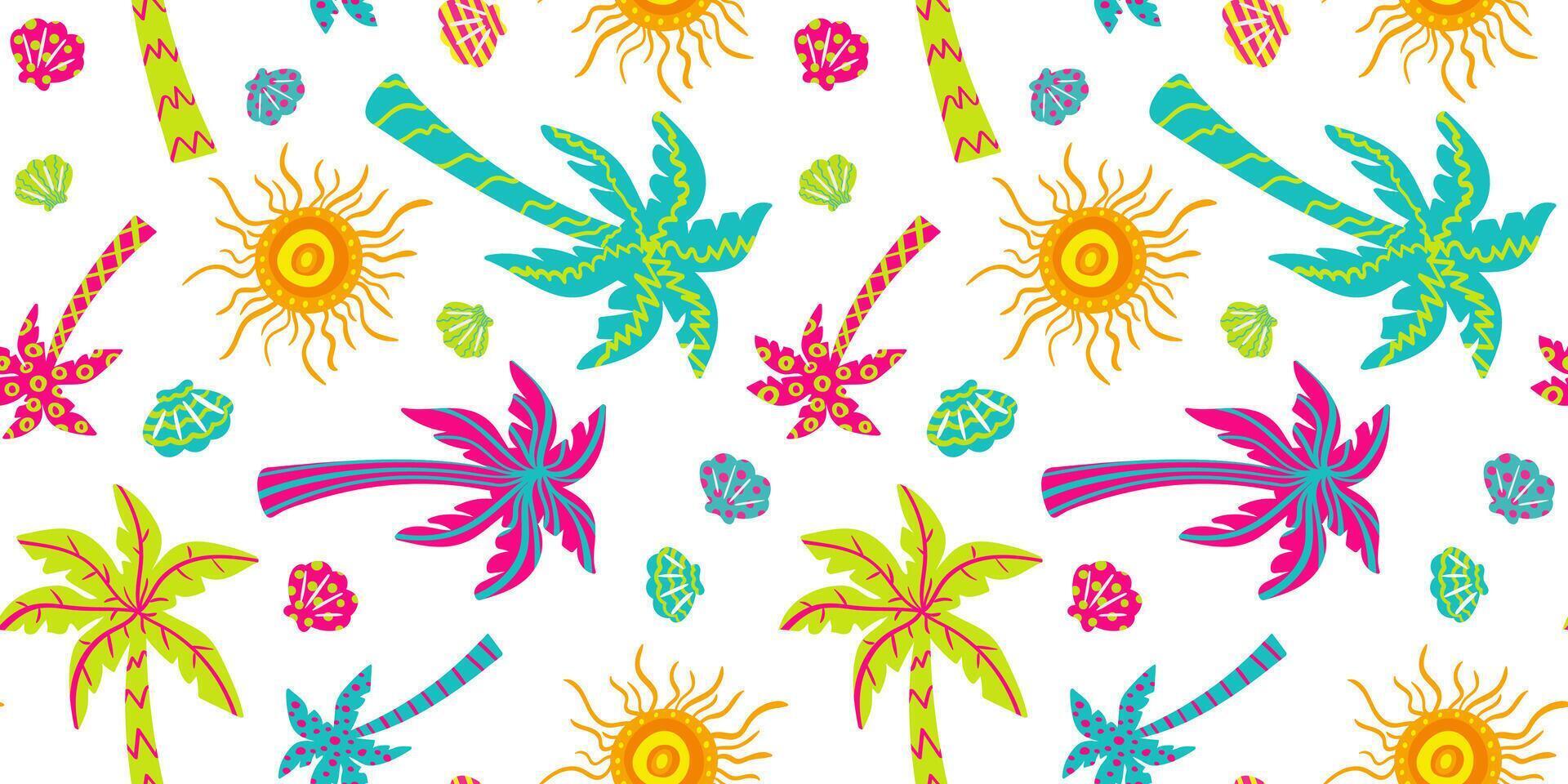tropical paradise seamless pattern - vibrant summer beach vibe, hand-drawn palm trees, suns, shells, holiday repeat background, bright joyful print vector