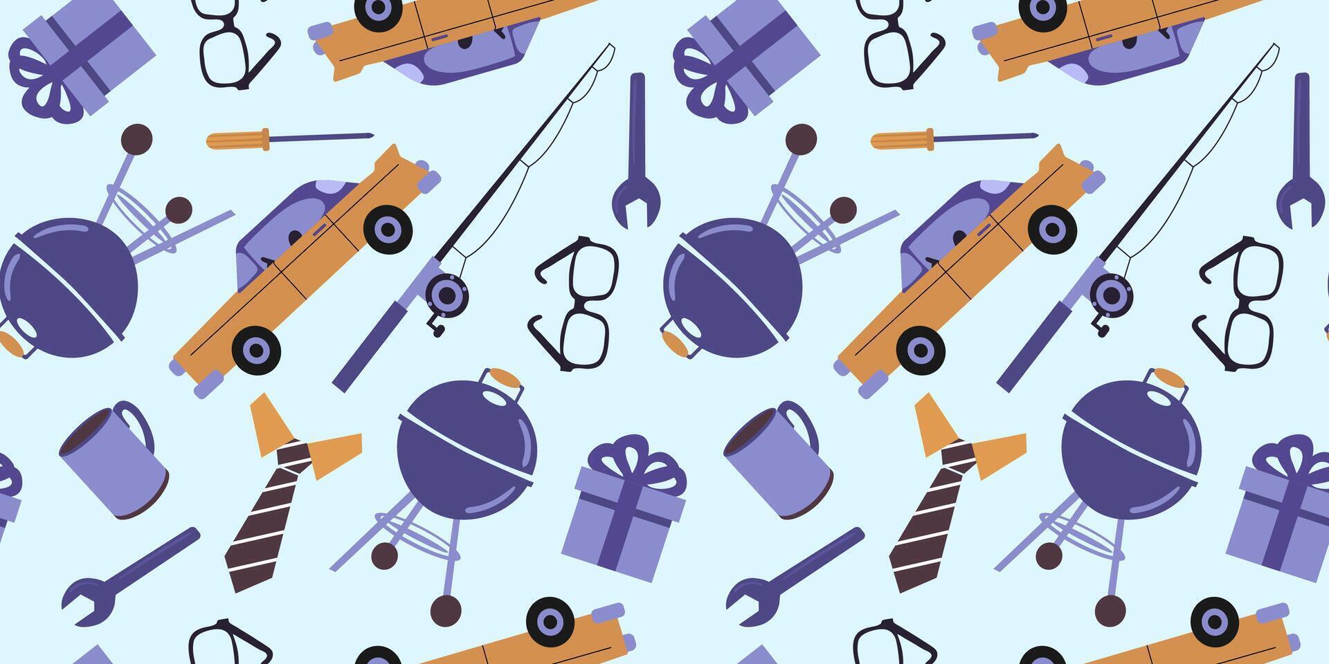 seamless father's day men pattern with dad car fishing rod tools grill gift glasses tie mug on light blue background flat illustration vector