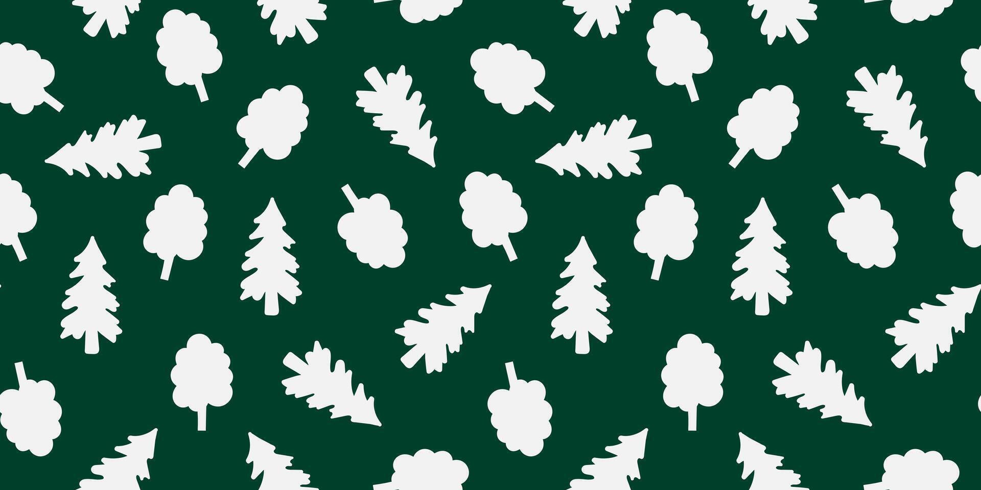 forest seamless pattern with ivory tree silhouettes on dark emerald green background pine, oak, spruce minimalist style for christmas, packaging, fabric vector