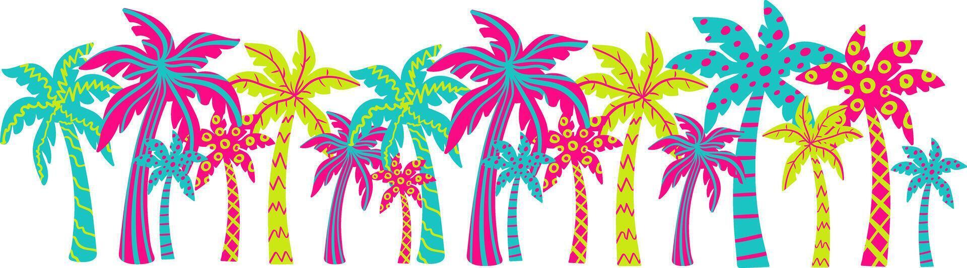 neon tropical palm tree elements in bold clashing colors funky jungle exotic beach paradise art for summer party decoration, travel and surf design vector