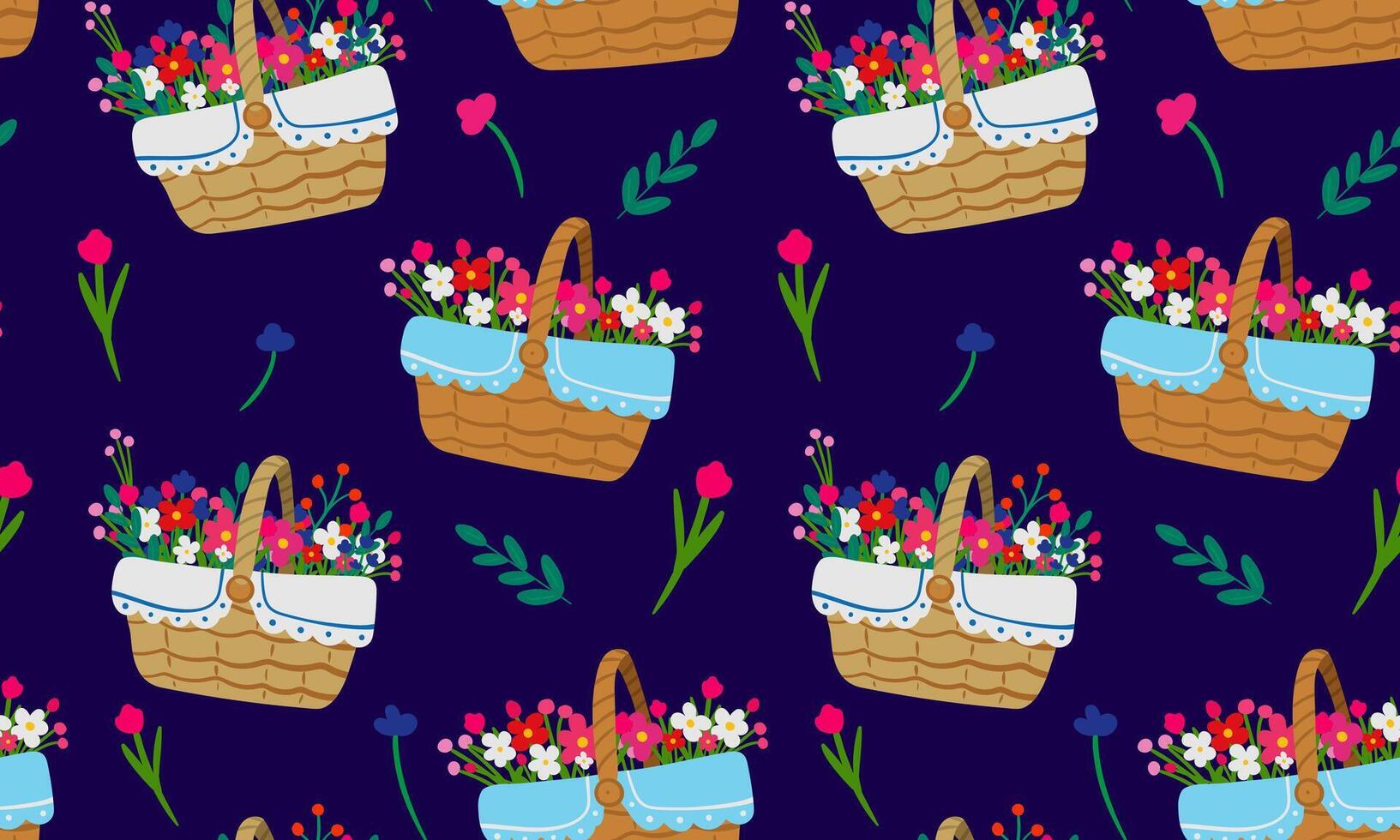 floral cute botanical design basket seamless pattern vintage spring flowers retro lace, dark blue background for wrapping, fabric, greeting cards vector
