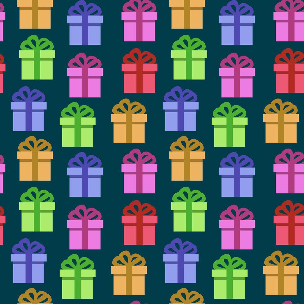 seamless colorful gift presents pattern on dark emerald background flat illustration vector
