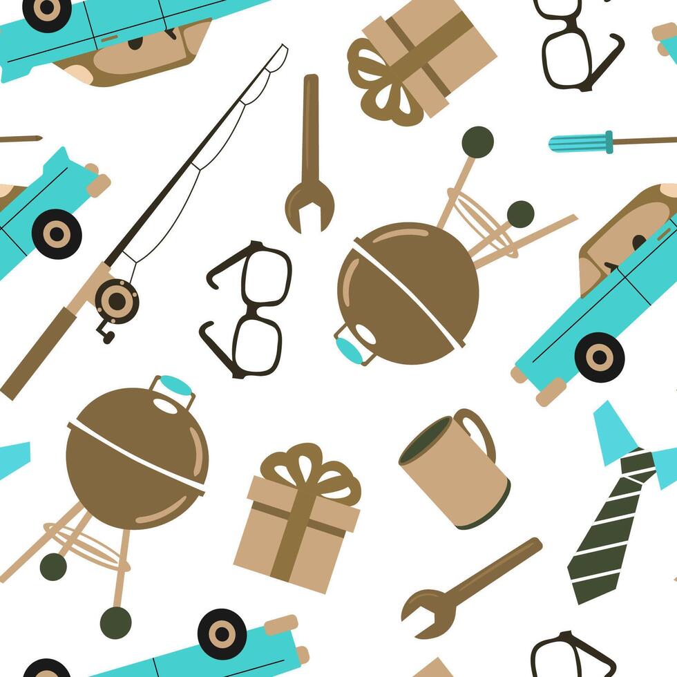 seamless men pattern with car fishing rod tools grill gift glasses tie mug on white background flat illustration vector