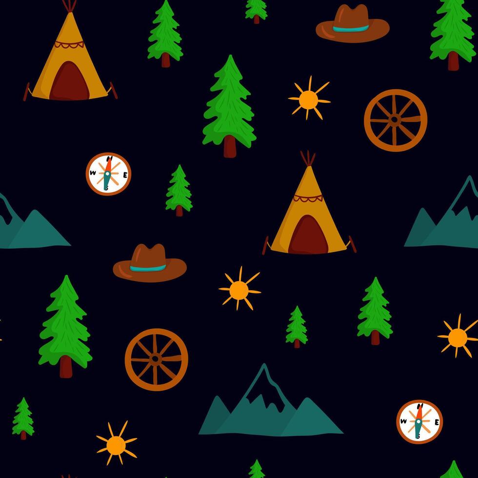 whimsical seamless pattern pioneer day father's day, featuring mountains, evergreen trees, tipis, cowboy hats, wagon wheels, suns, compasses dark background vector