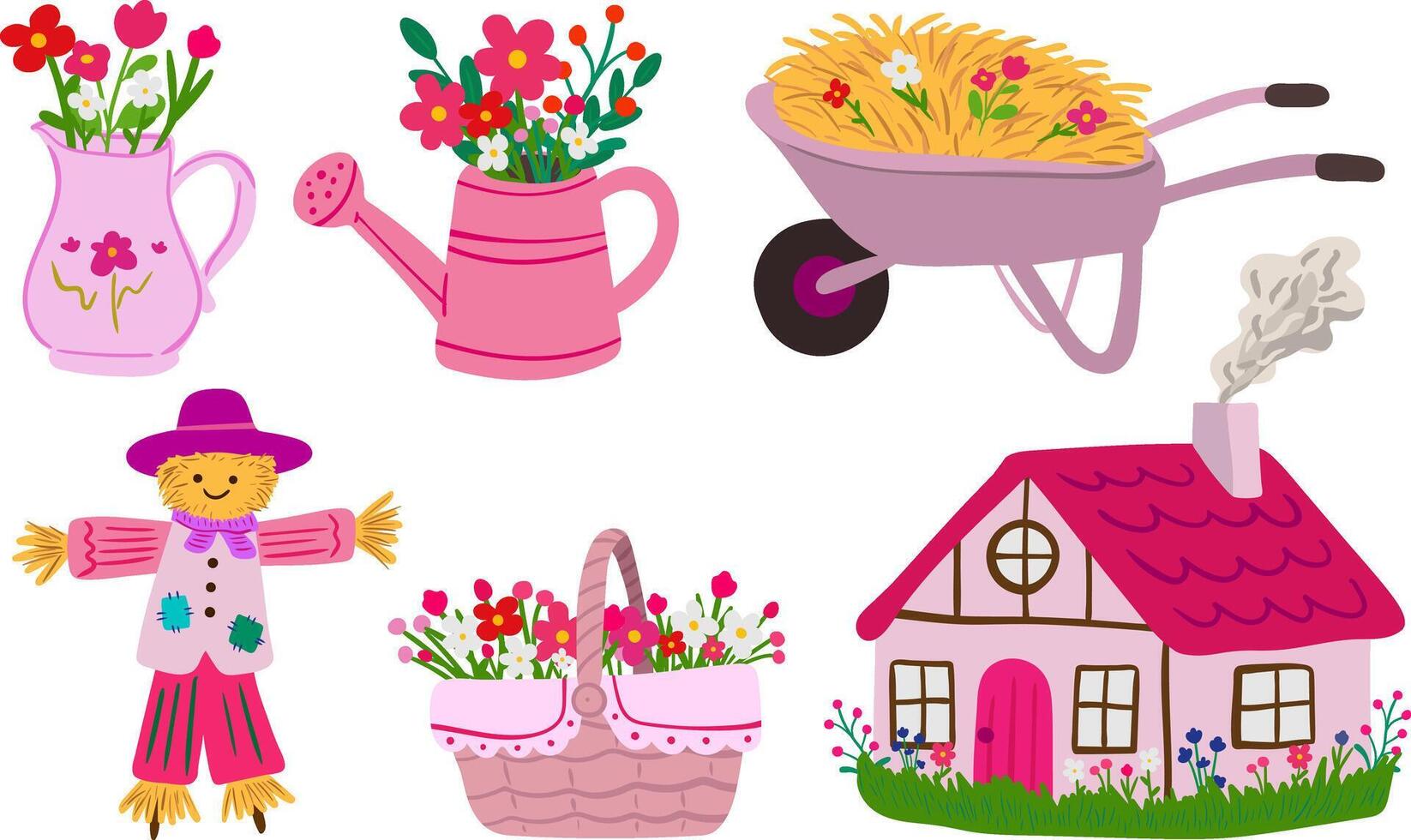 glam cottagecore set with pink house, flowers, watering can, basket, scarecrow, and wheelbarrow cozy country aesthetic for romantic designs vector