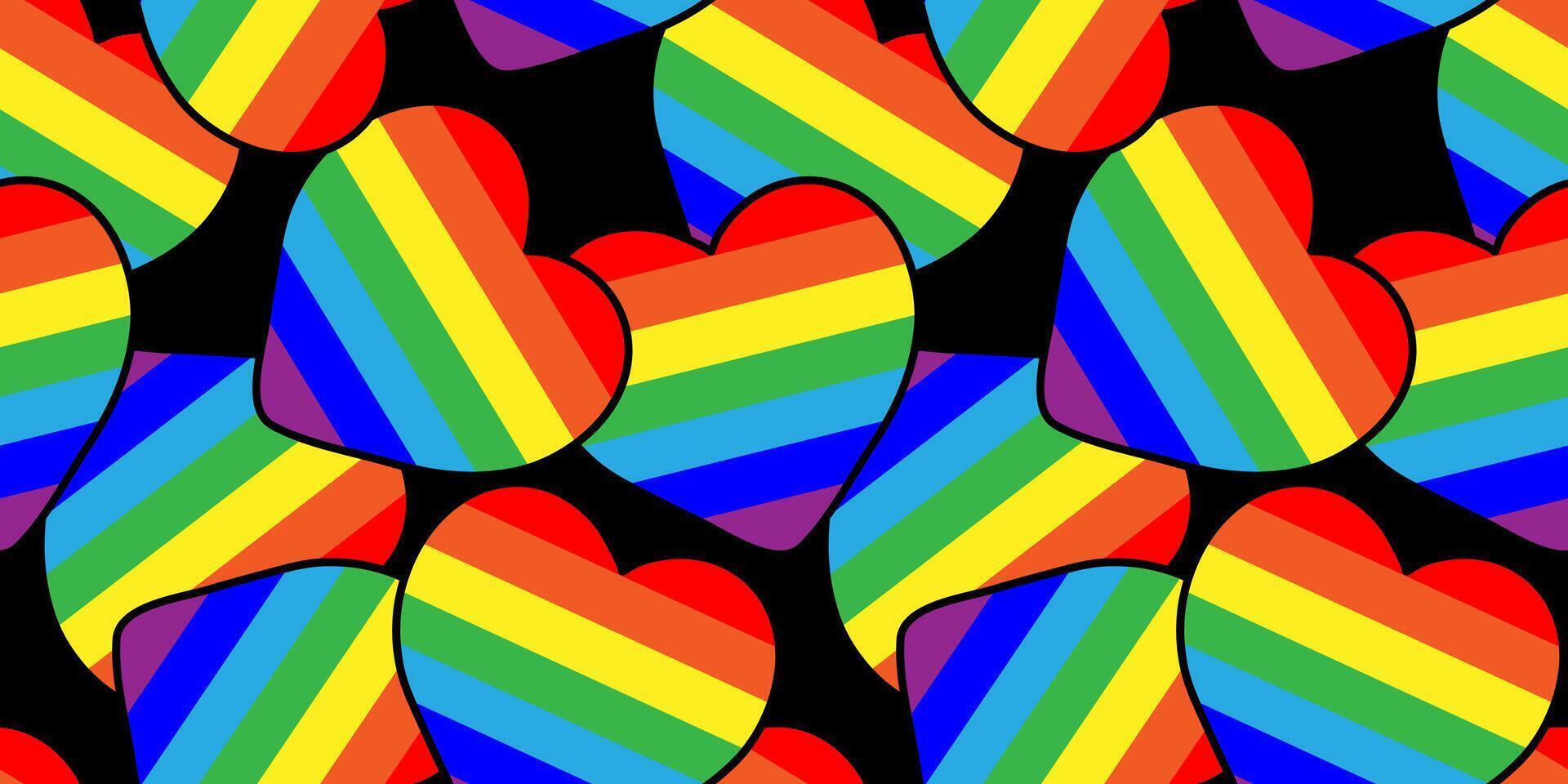 cute colorful rainbow hearts pattern for lgbt pride, wallpaper, fabric and textile design, bright cheerful print black background vector
