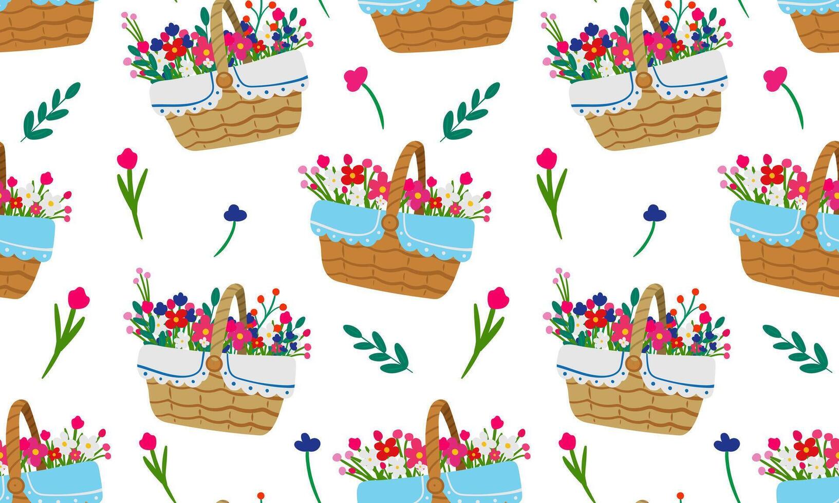 floral basket seamless pattern with vintage spring flowers and retro lace on white background cute botanical design for wrapping, fabric, and greeting cards vector