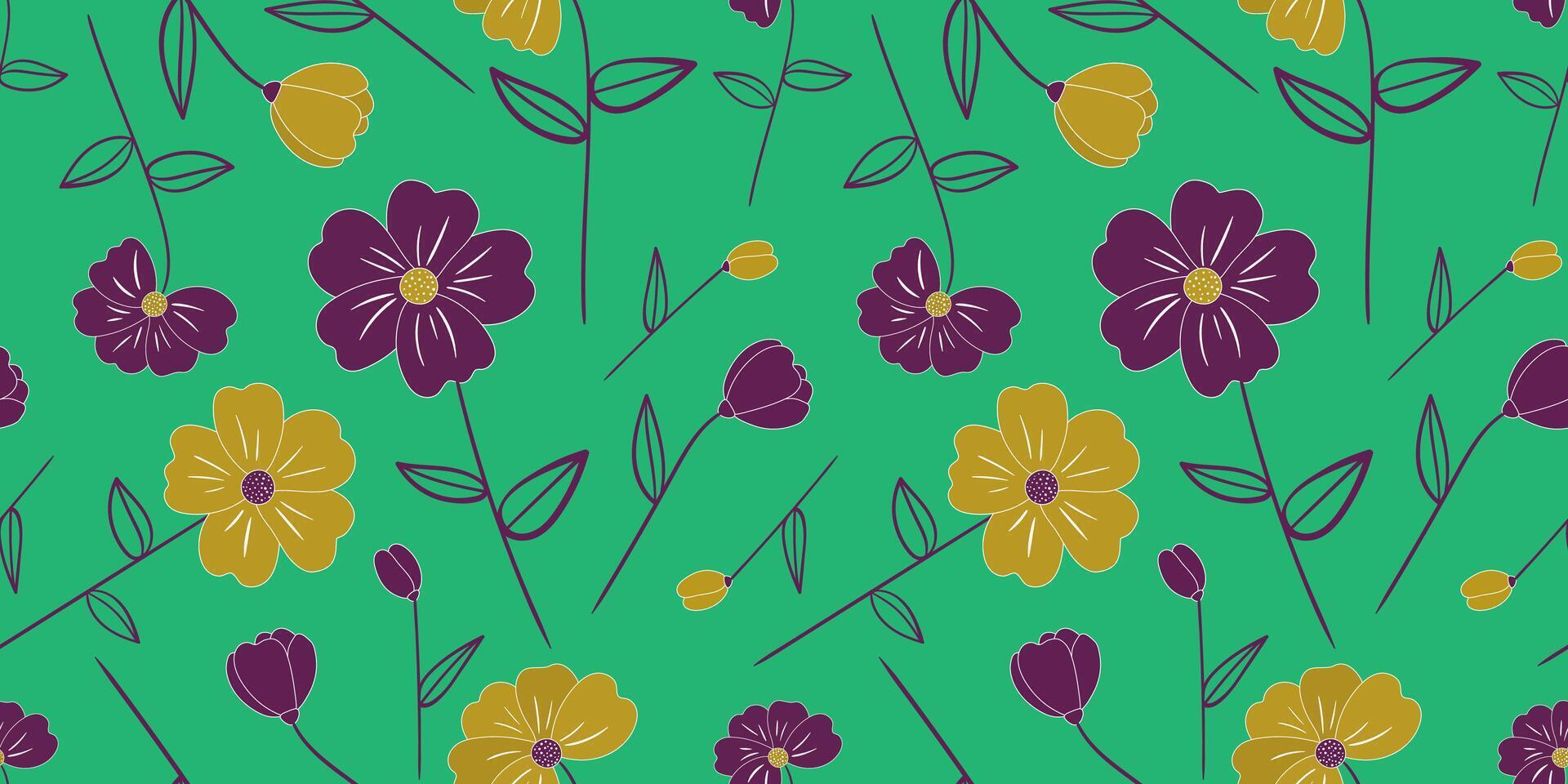 spring summer floral pattern background with purple and yellow flowers green backdrop stylized nature blossoms seamless design vector