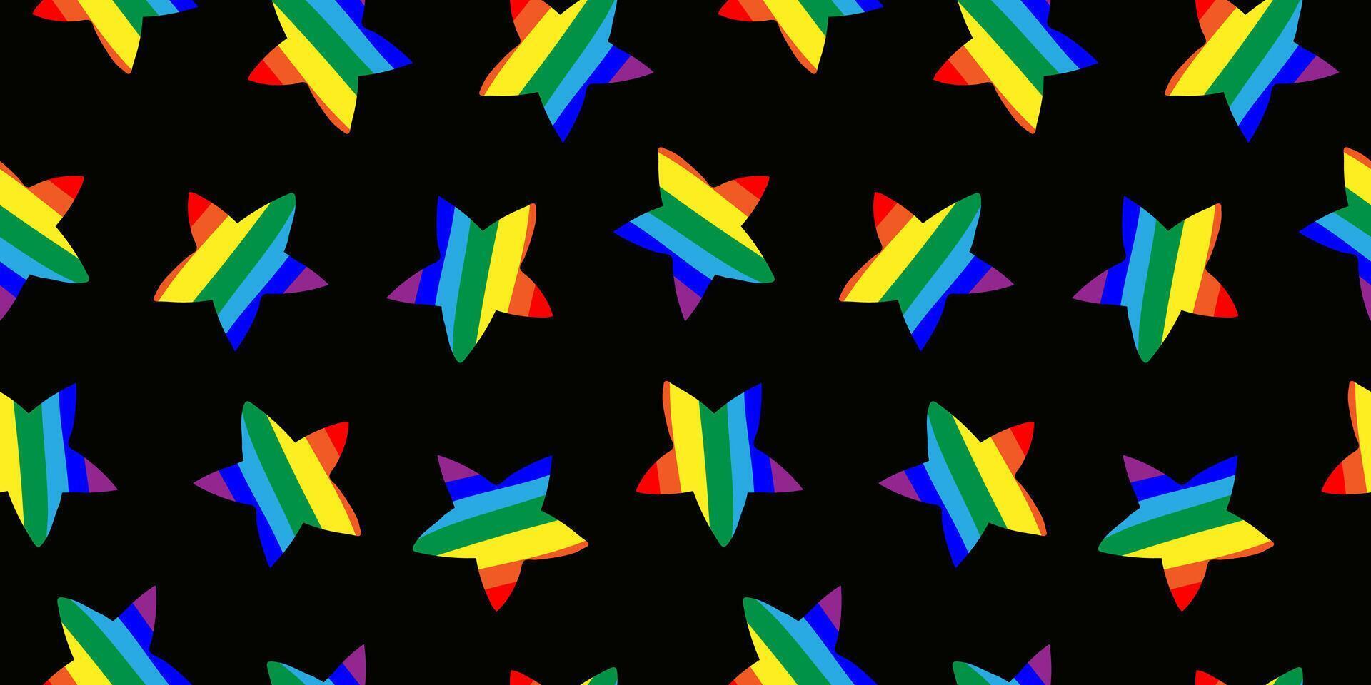 drawn rainbow star seamless pattern lgbtq pride month celebration, equality, diversity, love, vibrant social justice print design, decor black background vector