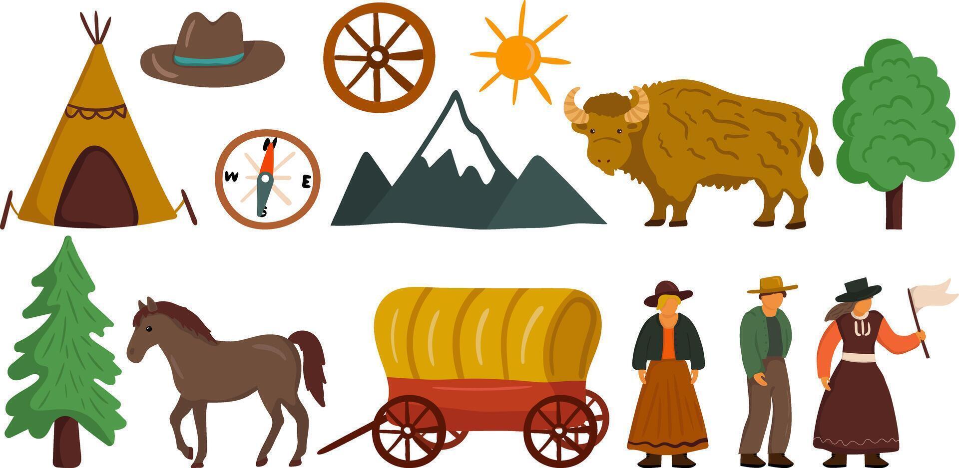 charming set collection isolated pioneer day elements including animals transportation nature figures people western historical themes vector