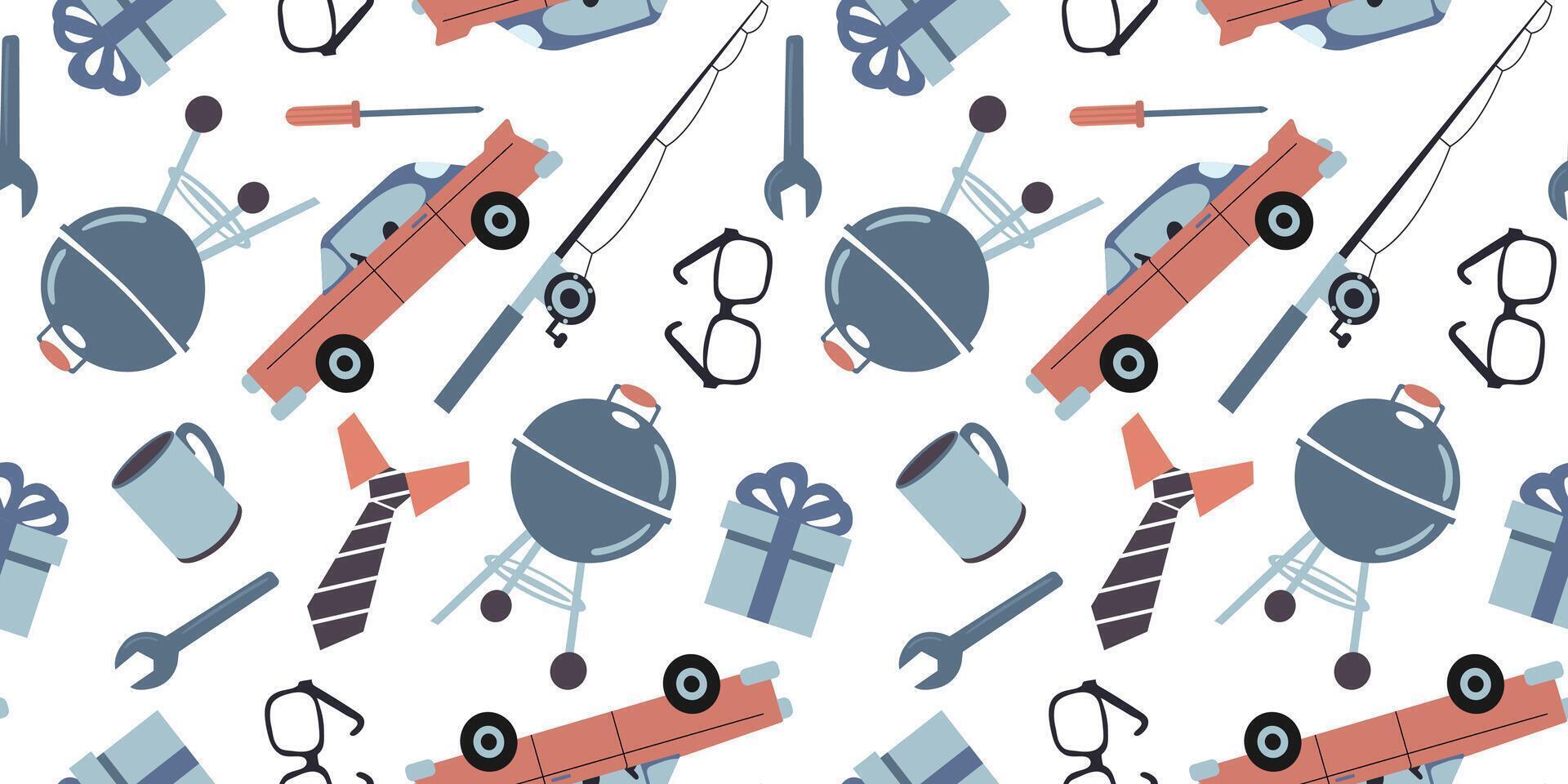 seamless father's day pattern dad car fishing rod tools grill gift glasses tie mug white background flat simple illustration vector
