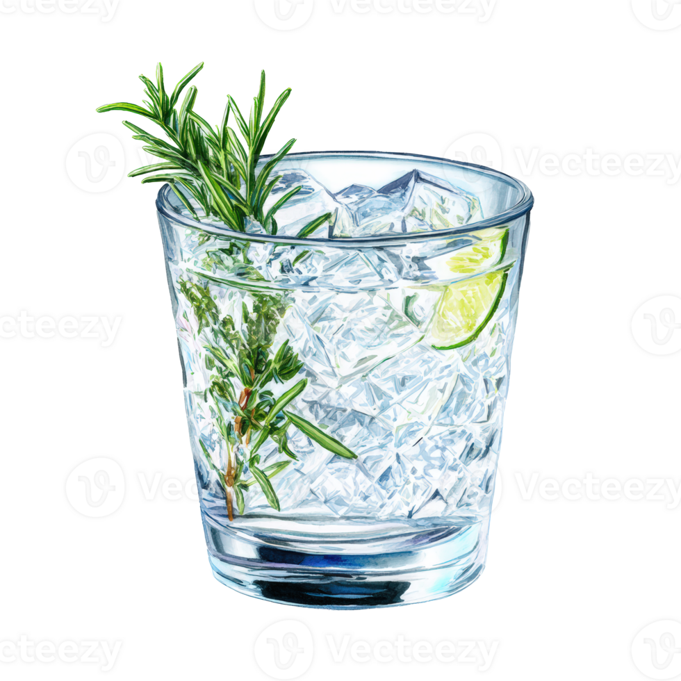 A glass of ice and a sprig of rosemary png