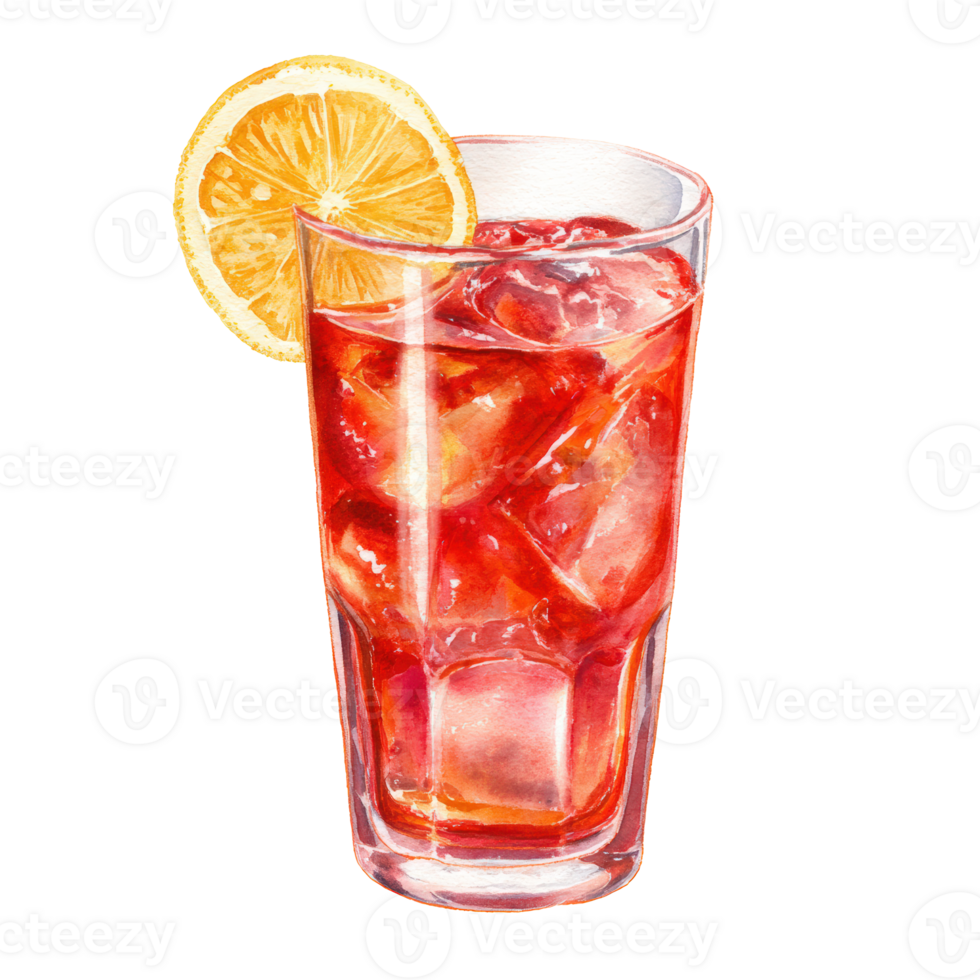 A glass of red drink with ice and a slice of orange png