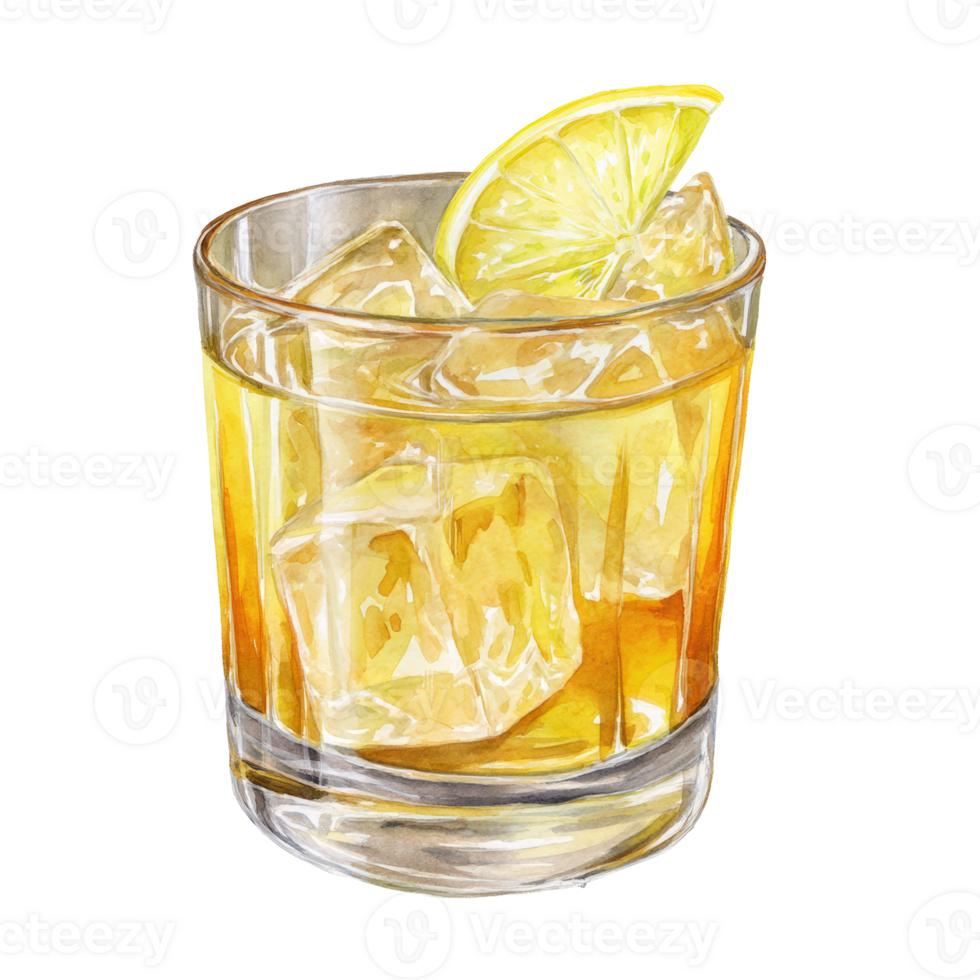 A glass of whiskey with ice and a lime png