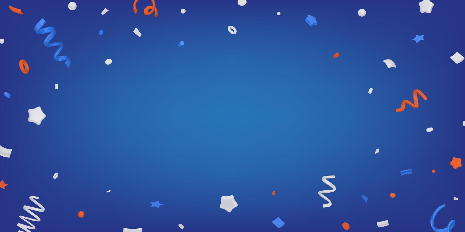 3D confetti on blue background. Isolated blue, red and silver elements. Background design for banner, greeting, sale, 4th of July independence day vector