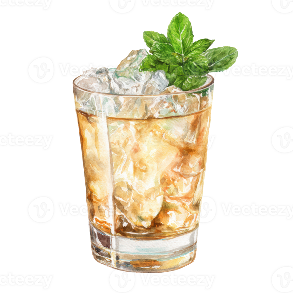 A glass of whiskey with ice and mint leaves png