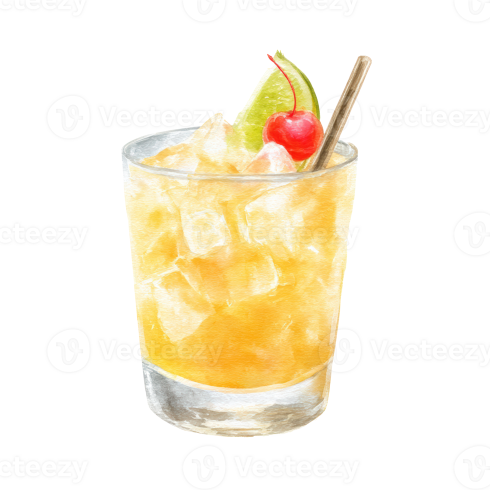 A cocktail with ice and a cherry on top png