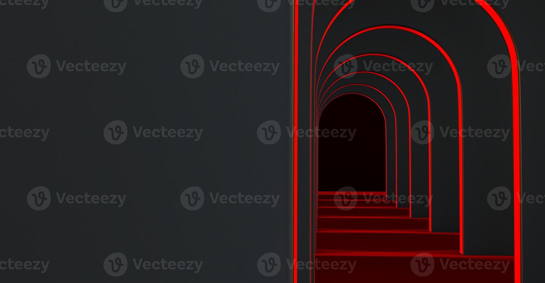 3d render of walkway arch, black hallway, Long tunnel with arches photo