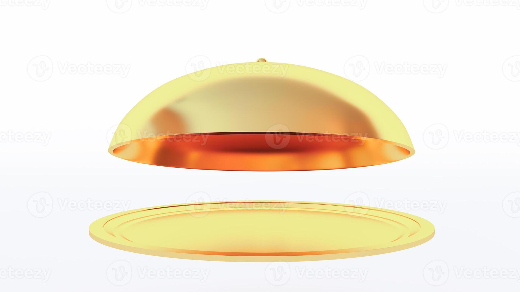 3d render of gold Restaurant cloche with open lid. Dome for restaurant dishes. Tray and cloche isolated on white background photo